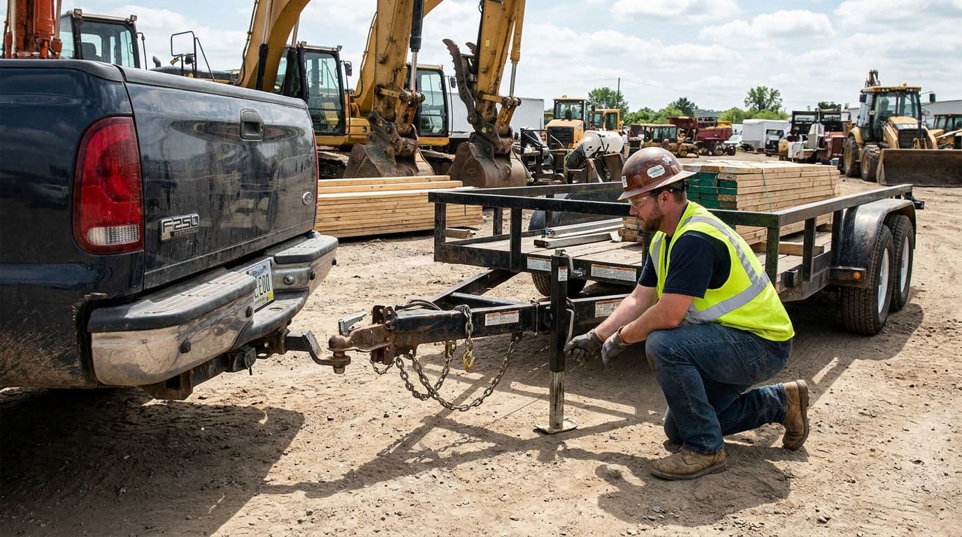 Worker in hard hat and yellow safety vest kneels to connect a trailer hitch to a pickup truck, with excavators and lumber in a construction yard behind.