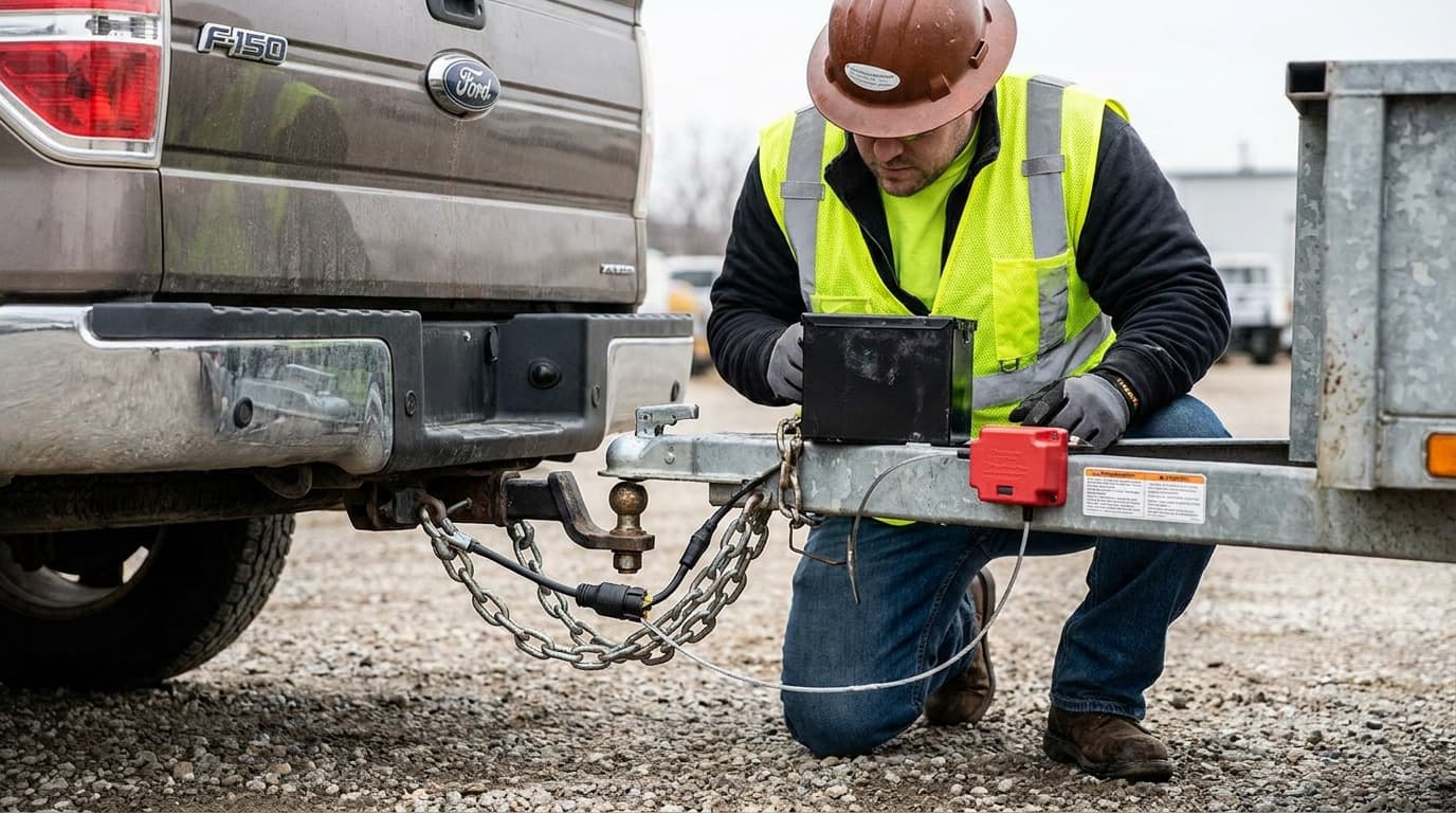 Close-up of worker in hard hat and safety vest kneeling to attach safety chains and wiring at a trailer hitch coupler behind a pickup truck.