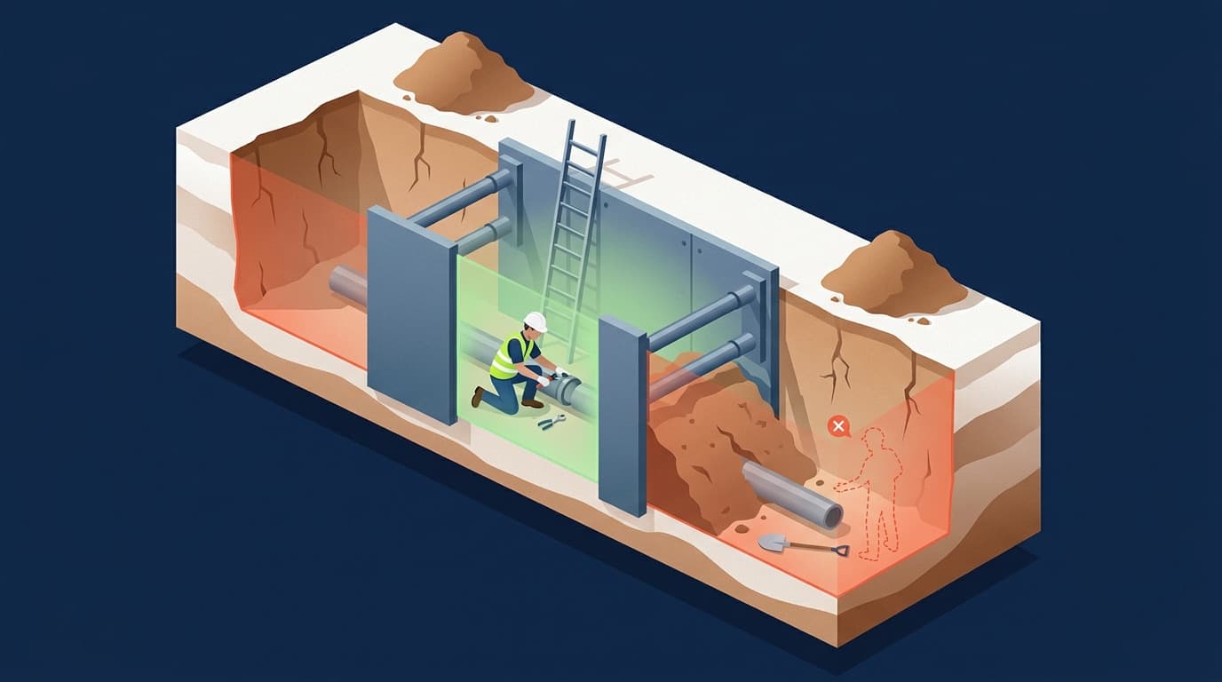 Illustration of a trench with metal shoring panels, a worker kneeling inside connecting pipe, a ladder, spoil piles, and a red-highlighted collapse warning zone with a silhouette.