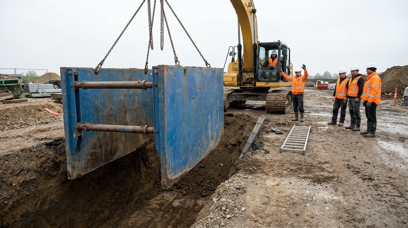 Excavator lowers a blue trench box into a dug trench using chains while four workers in orange hi-vis and helmets watch nearby, ladder on ground.