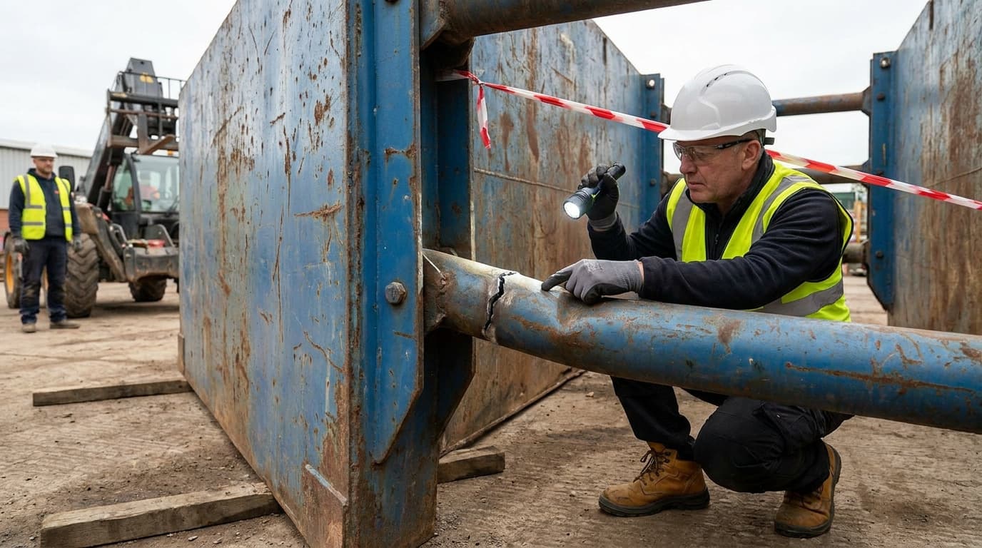 Worker in helmet and hi-vis inspects a cracked metal strut with a flashlight on a rusty blue trench box, another worker and telehandler in background.