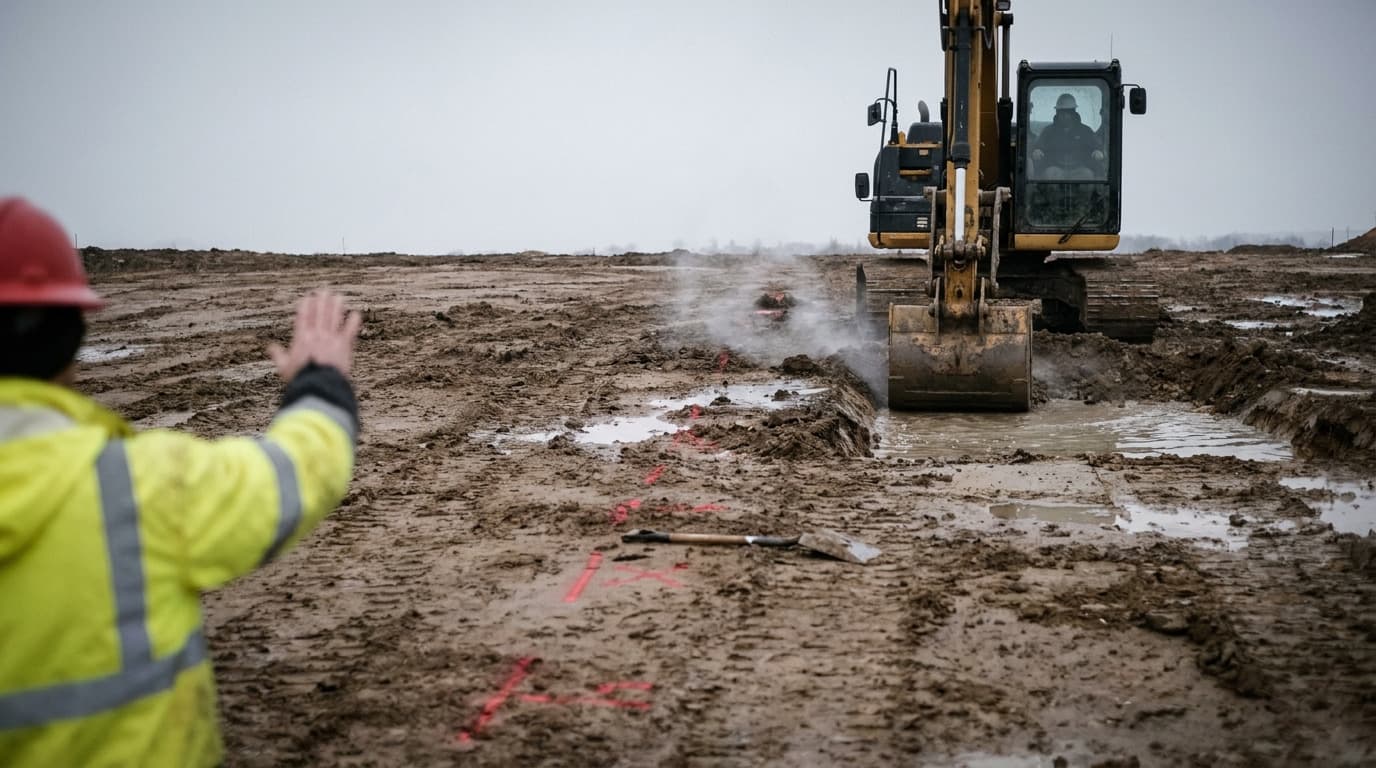 Trabajador con chaleco de alta visibilidad amarillo y casco rojo hace una señal con la mano levantada hacia una excavadora que trabaja en terreno embarrado, con vapor o humo saliendo cerca del balde, marcas rojas de localización y una herramienta doblada en el suelo.