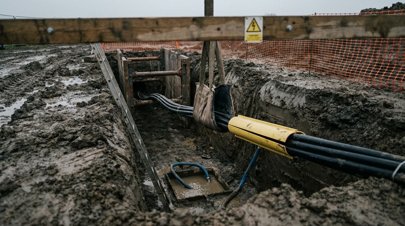 Zanja profunda y embarrada muestra cables subterráneos agrupados dentro de una funda protectora amarilla, suspendidos por una eslinga de izaje desde una viga de madera, con una escalera y un letrero de advertencia eléctrica visibles.