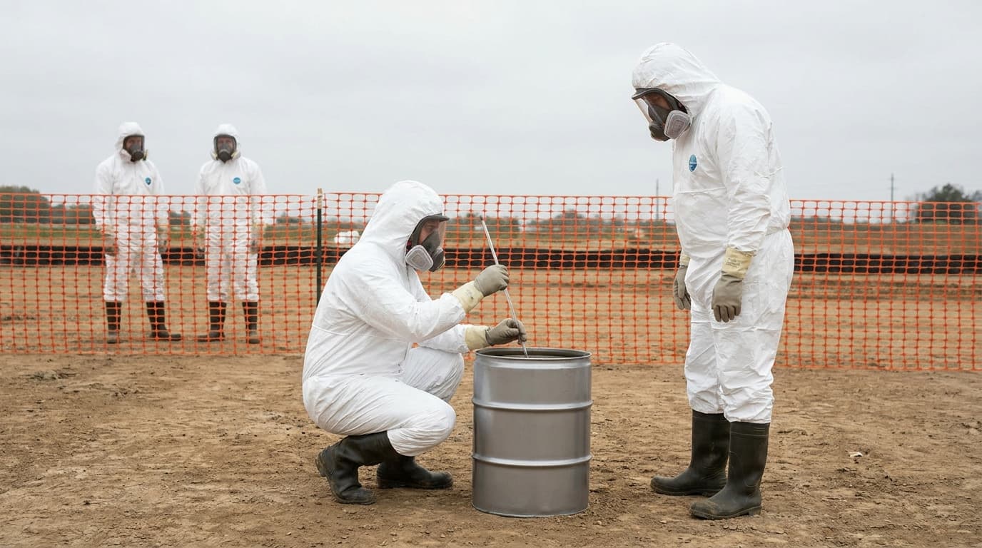 Four workers in white hazmat suits, respirator masks, gloves and boots handle a metal drum inside an orange plastic fencing perimeter on dirt ground.