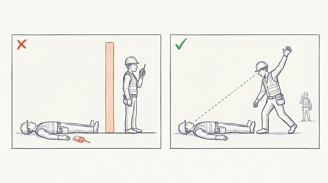 Two-panel illustration: left shows a worker on radio ignoring a fallen colleague hidden behind a barrier, right shows a worker waving for help while noticing the fallen person, with a third worker nearby.