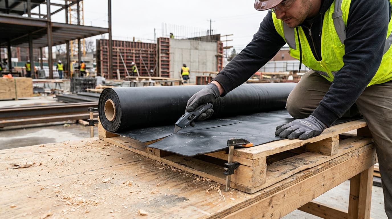 Worker in hard hat, safety glasses, and hi-vis vest cuts black rubber roofing material with a utility knife on a wooden pallet at a construction site.