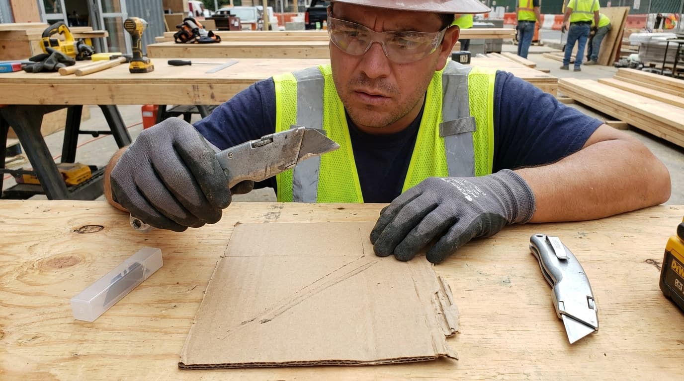 Man wearing hard hat, safety glasses, hi-vis vest, and gloves holds an open utility knife over cardboard on a plywood table, another knife and blade case nearby.