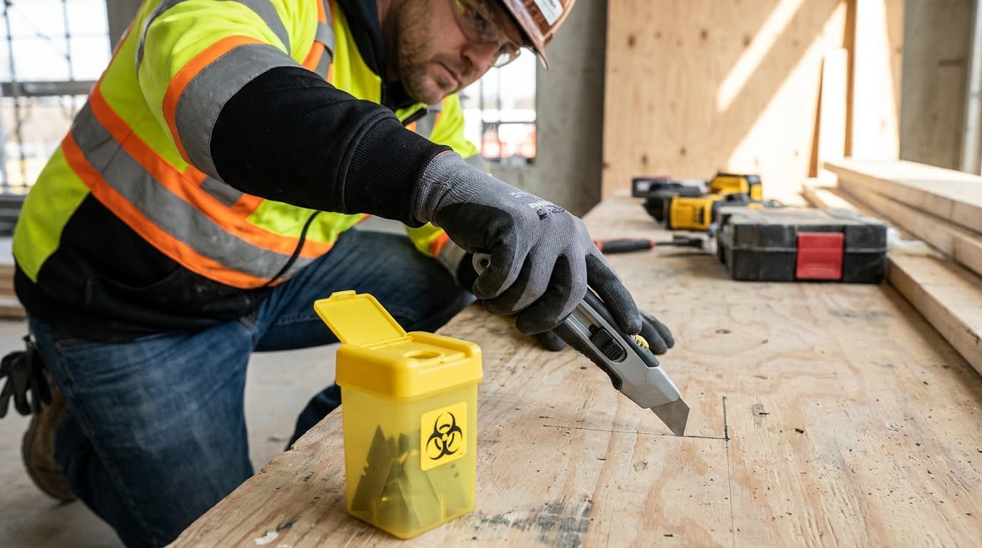 Worker in hi-vis vest and gloves scores plywood with a utility knife beside a yellow biohazard blade disposal container on a job site.