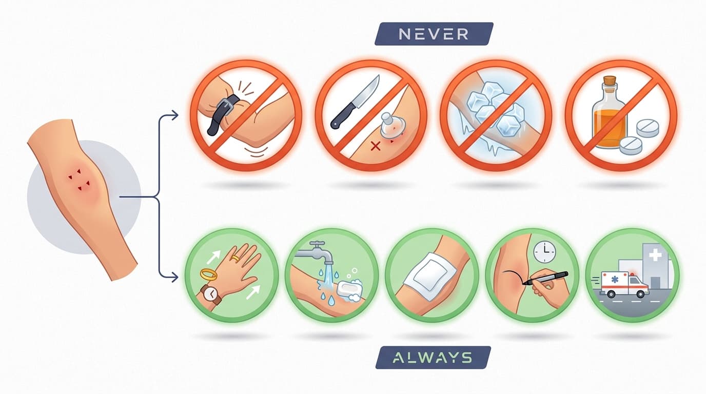 Infographic with an insect bite on skin, four crossed-out 'never' icons (squeezing, cutting, ice, alcohol/pills), and five green 'always' icons (elevate, wash, bandage, mark time, ambulance).