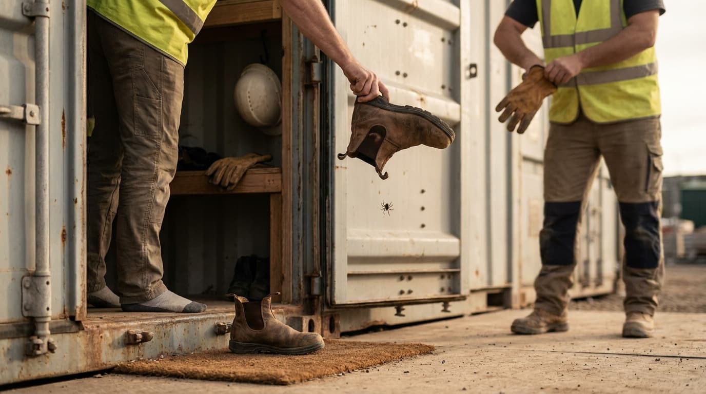 Two workers in hi-vis vests near a shipping container storage locker, one holding a boot with a spider visible on the container wall below.
