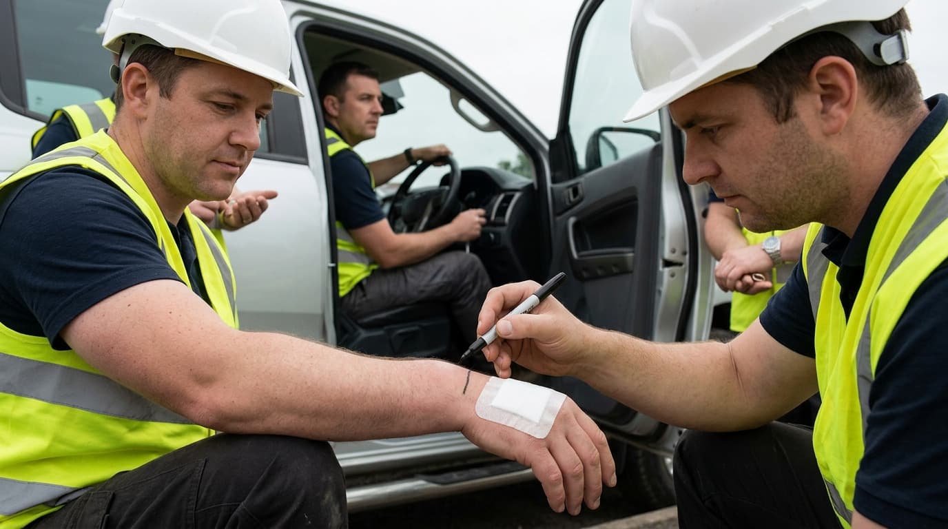 Worker in hard hat and hi-vis vest draws a line with a marker above a bandaged bite mark on a colleague's forearm near a truck.