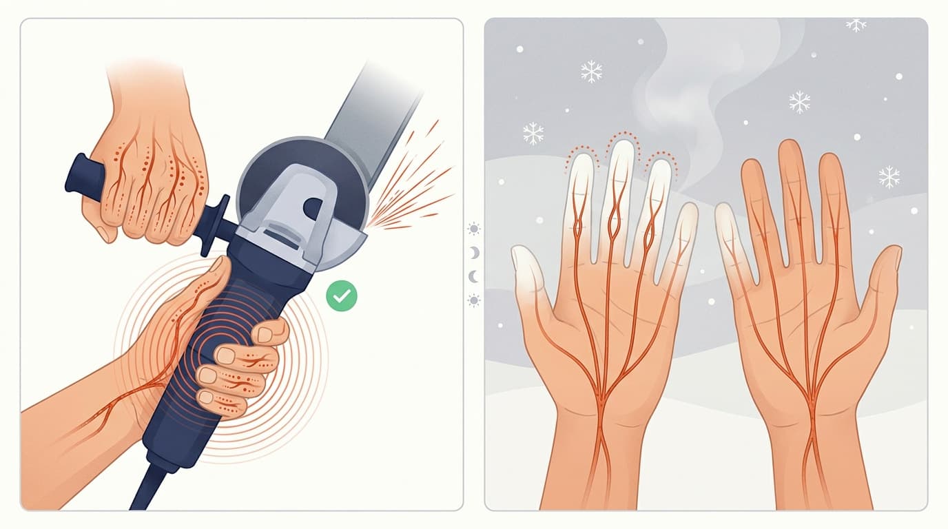 Illustration split in two: hands gripping a vibrating angle grinder with red vibration lines, and pale hands with white fingertips showing cold-related numbness amid snowflakes.
