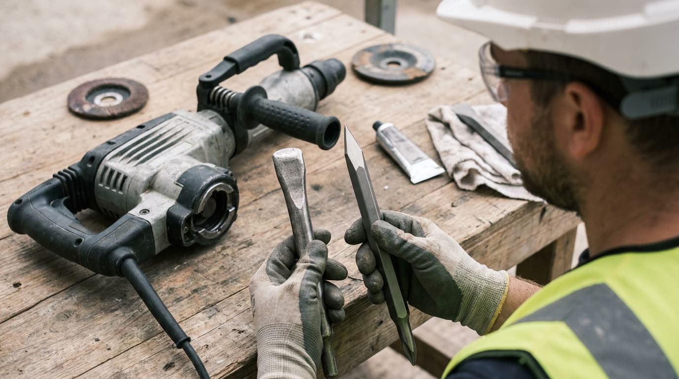 Worker in hard hat, safety glasses and gloves compares two chisel bits beside a rotary hammer drill and grinding discs on a wooden workbench.