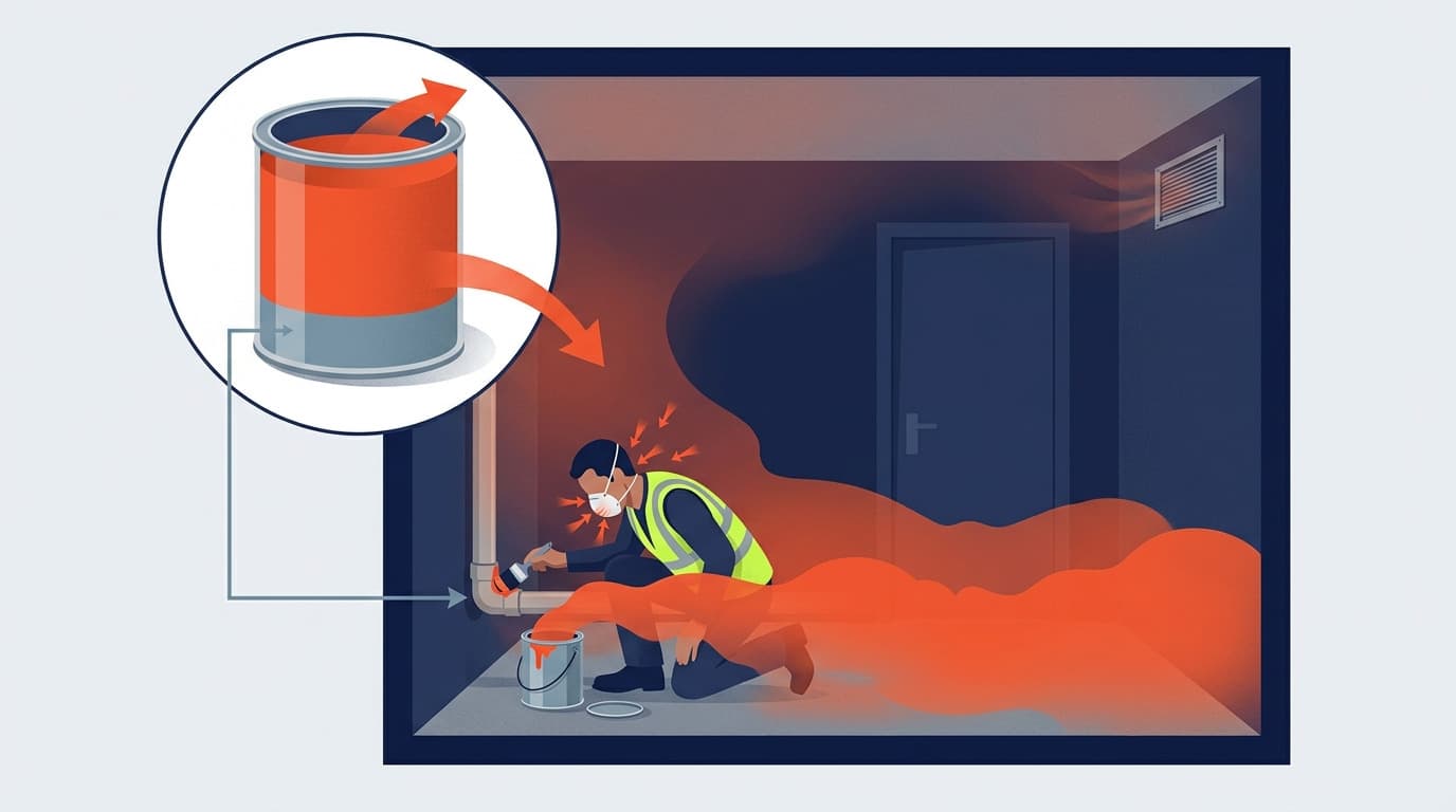 Ilustración de un trabajador en un cuarto cerrado aplicando adhesivo naranja en una junta de tubería, con respirador puesto, rodeado de vapores naranjas que se dispersan; un recuadro muestra vapores escapando de una lata abierta.
