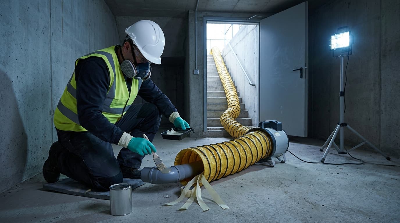 Trabajador arrodillado en un sótano de concreto con respirador, casco y guantes, aplicando primer a un accesorio de tubería conectado a un ducto de ventilación amarillo con ventilador.