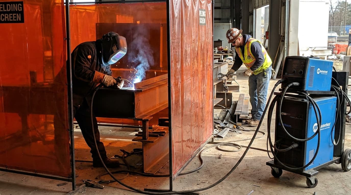 Welder in helmet and gloves welds a steel beam inside an orange welding screen enclosure, while a man in hi-vis vest and hard hat works nearby beside a portable welding machine.