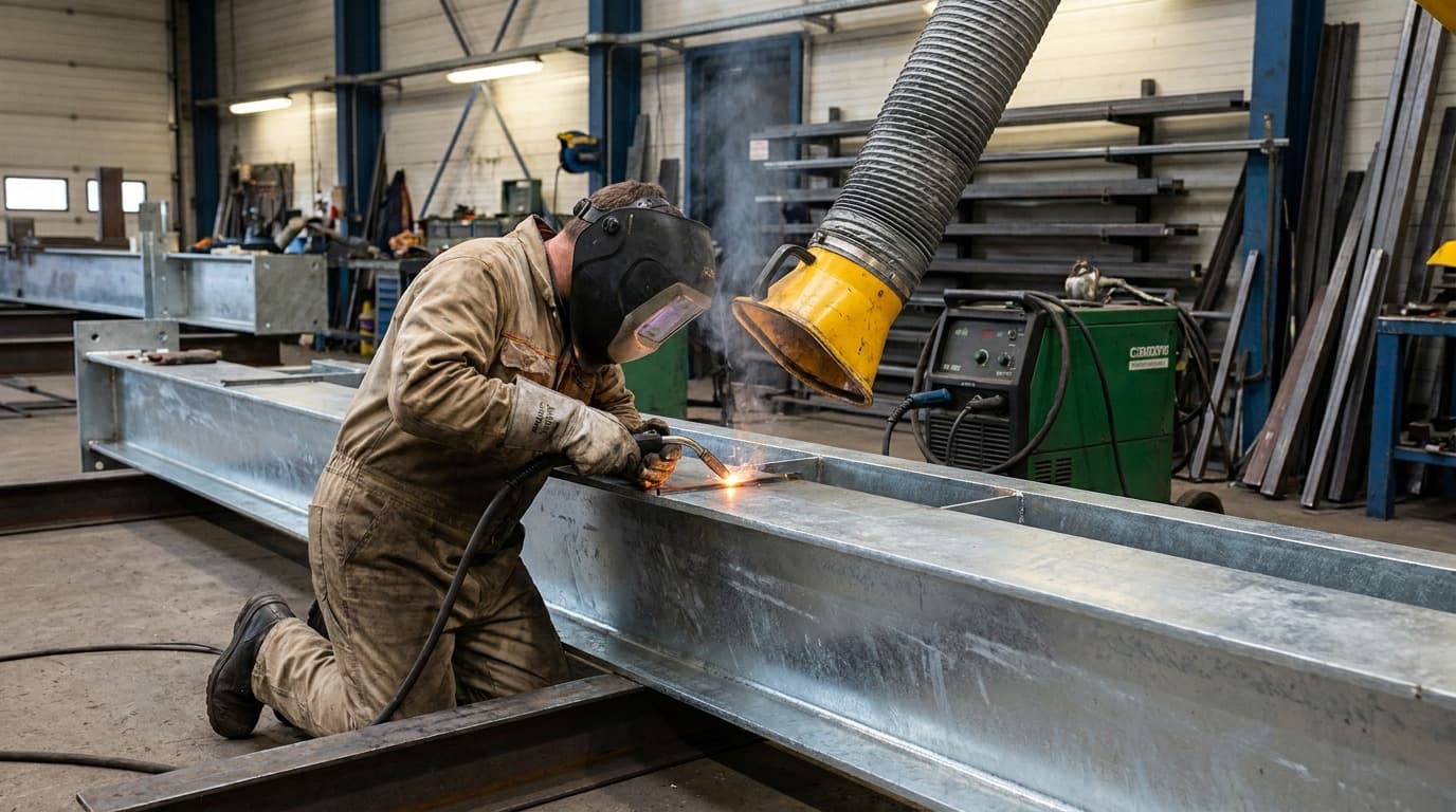 Kneeling welder in helmet and coveralls welds a galvanized steel beam, with a yellow fume extraction hose positioned above the work area in a workshop.