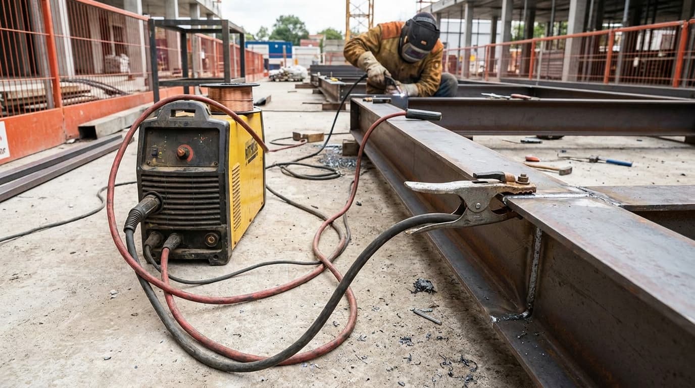 Yellow welding machine with cables sits on a construction site floor near steel beams, while a welder in mask and gloves works on a beam joint in the background behind orange barriers.
