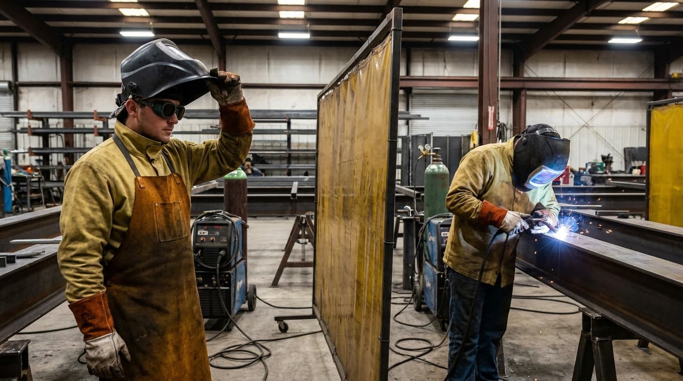 Two men in welding jackets and helmets stand near a portable welding screen; one lifts his helmet visor while the other welds a steel beam with visible sparks.