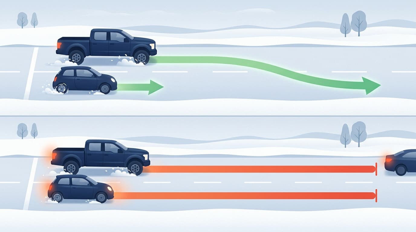 Illustration comparing two vehicles on snowy road: green arrows show short stopping distance, orange bars show longer stopping distance with brake lights on.