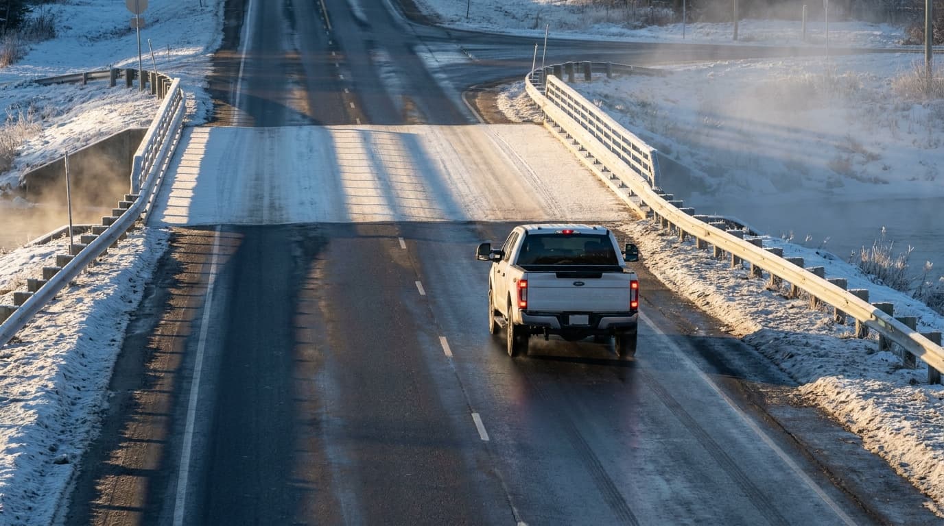 Aerial view of a white pickup truck driving over a snow-dusted bridge with metal guardrails, surrounded by snowy fields and steam rising from water.