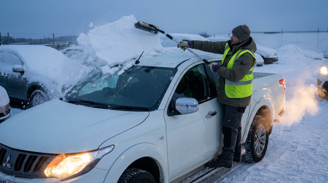 Man in high-visibility vest and beanie uses a long brush to clear snow from the roof of a white pickup truck in a snowy parking lot.