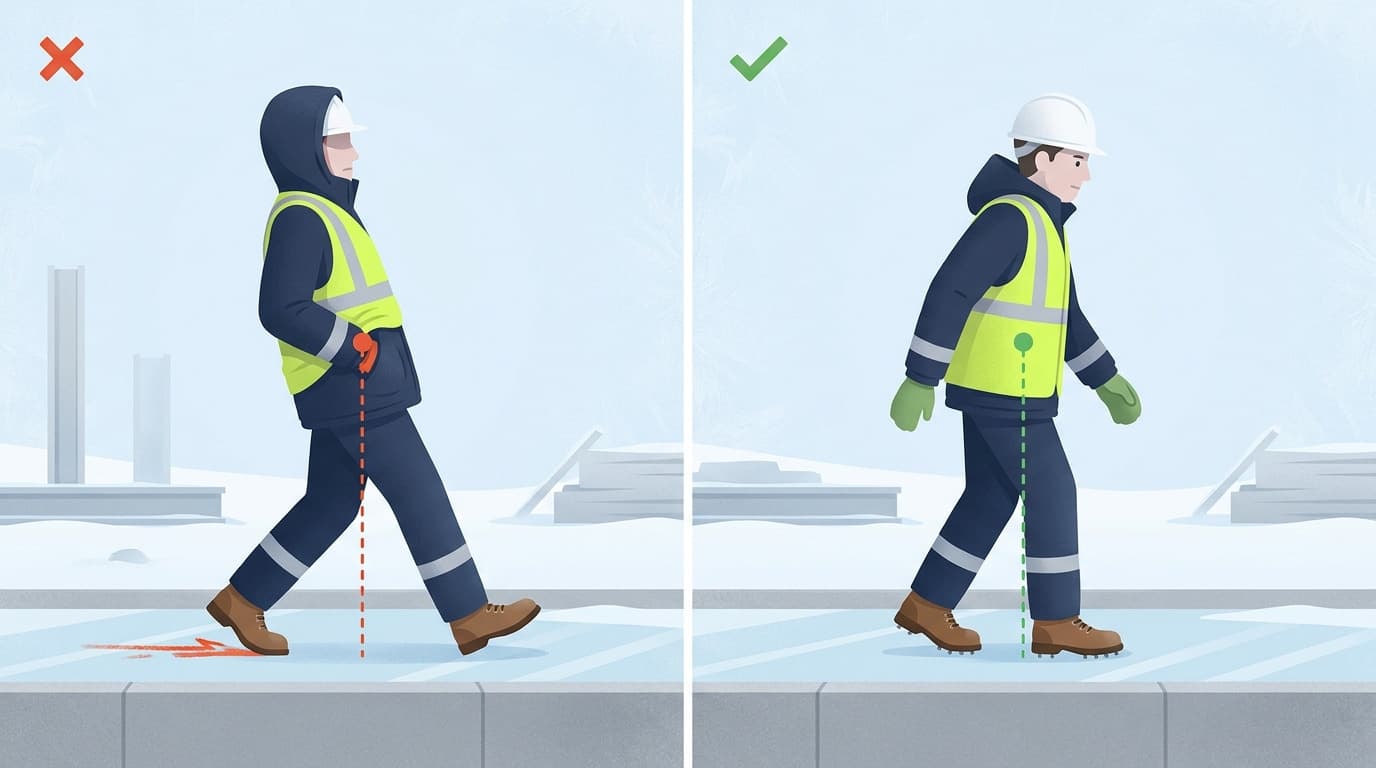Split image comparing two workers walking on icy pavement; left figure hunched with hood up marked with red X, right figure upright with hard hat marked green check.