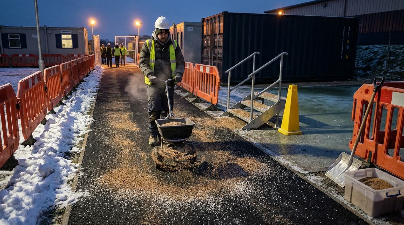 Worker in hi-vis vest and hard hat pushes a wheeled spreader distributing grit on a snowy pathway between orange barriers at dusk, with cabins and steps nearby.