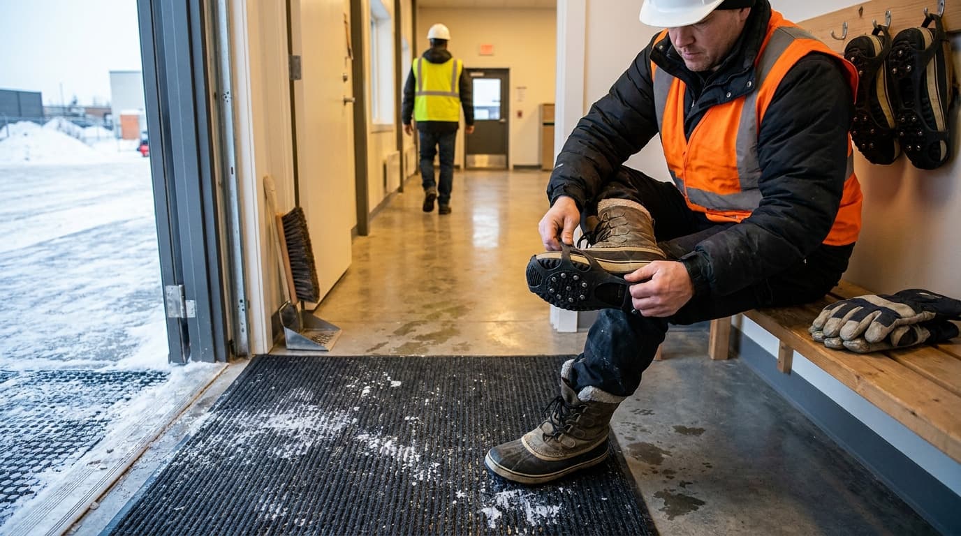 Worker sits on bench attaching traction cleats to boot near open door with snow outside, another worker in yellow vest walks down hallway behind him.