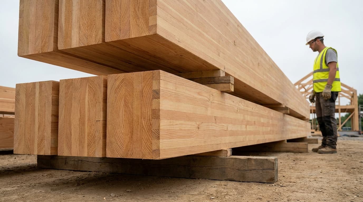Stacked large timber beams on wooden blocking at a construction site, with a worker in hard hat and hi-vis vest observing nearby, timber frame structure in background.