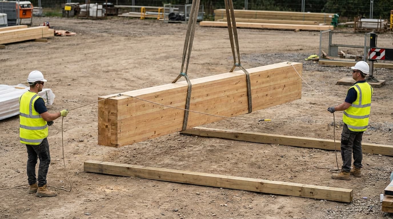 Two workers in hard hats and hi-vis vests guide a large timber beam suspended by crane straps with rope tag lines at an outdoor lumber yard.