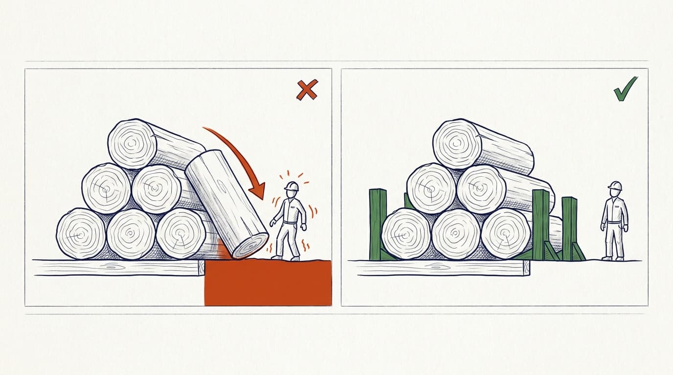 Illustrated diagram comparing two log stacking methods: unsecured logs rolling toward a worker on the left, and logs secured with wedges away from a worker on the right.