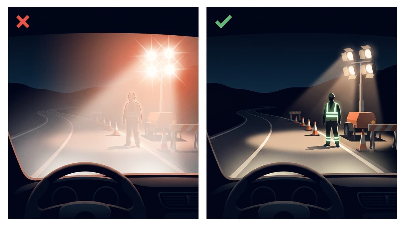 Split illustration from a car interior view: left shows a worker silhouetted against blinding red-tinted floodlights, right shows a worker in reflective vest clearly lit by properly angled white lights.