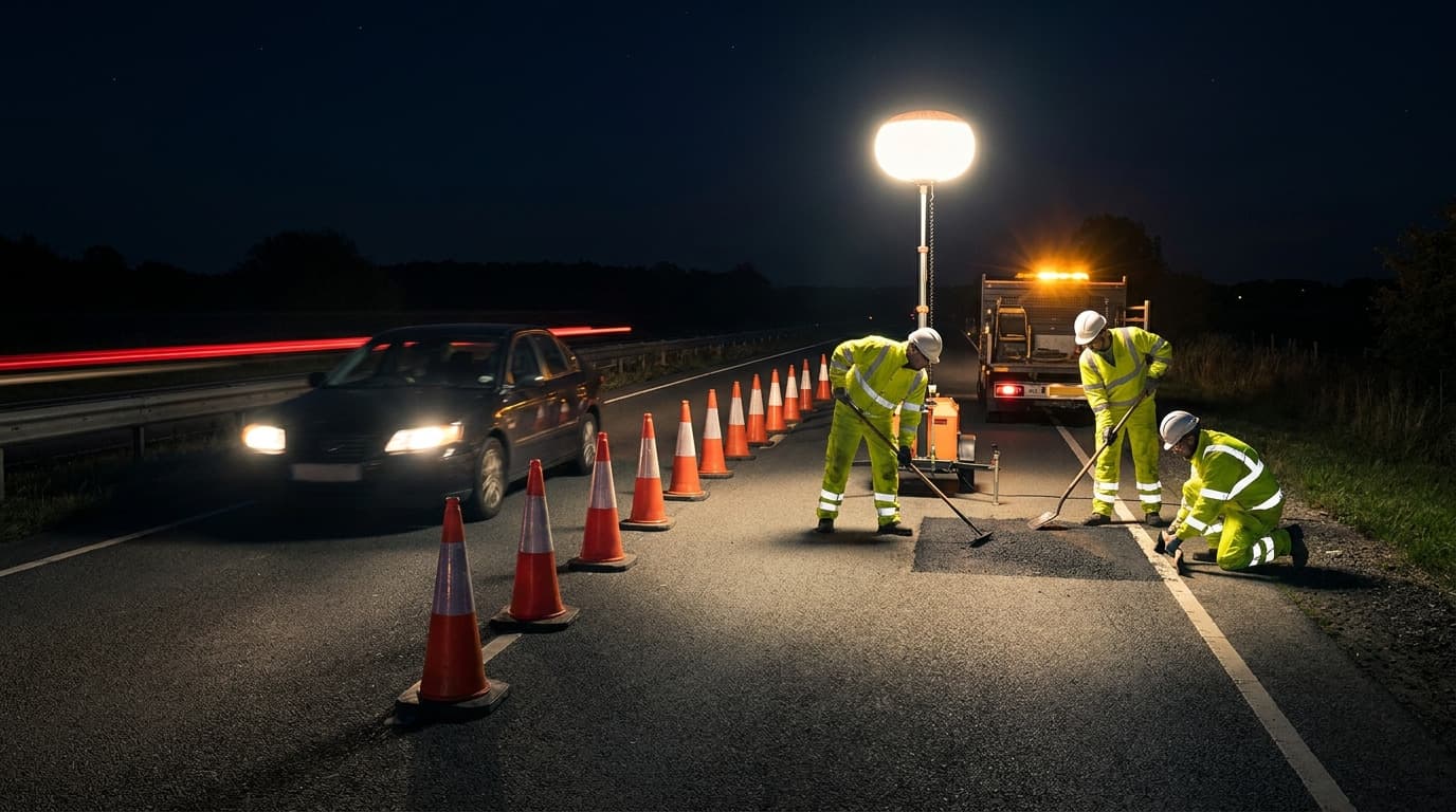 Three workers in yellow hi-vis suits and white helmets repair a road at night, lit by a large floodlight, with traffic cones and a passing car nearby.