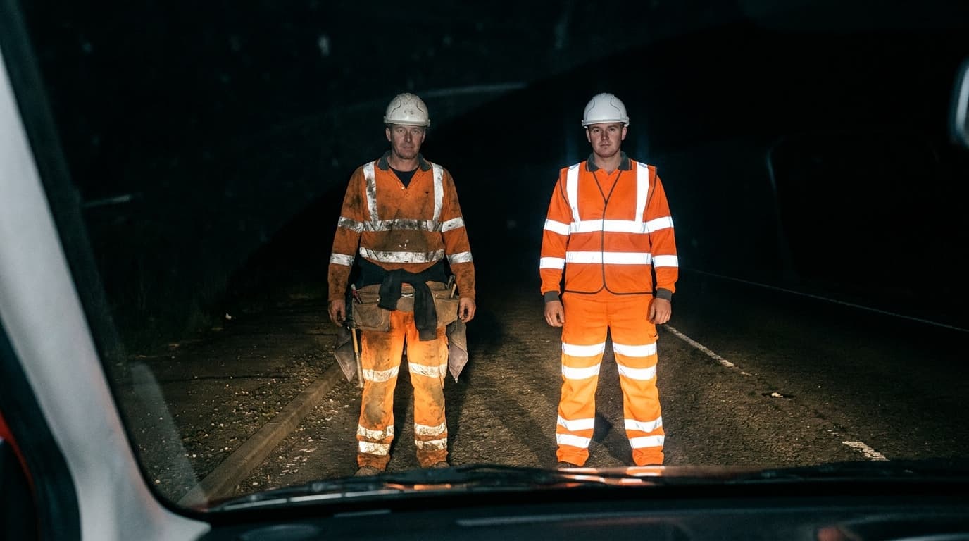Two workers in orange hi-vis clothing and white helmets stand on a dark road at night, illuminated by a vehicle's headlights, viewed through a windshield.