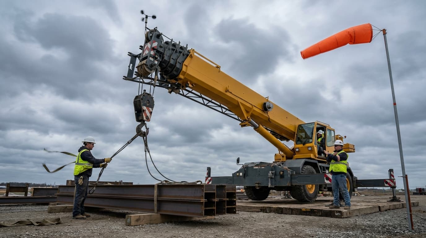Workers guide steel beams under a mobile crane hook as an operator watches; an orange windsock stands fully extended in strong wind against a cloudy sky.