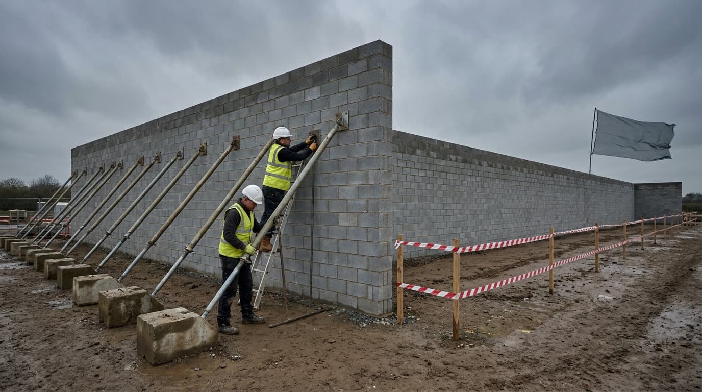 Two workers on a ladder secure angled metal props against a concrete block wall, with a flag stretched horizontally by wind in the background.