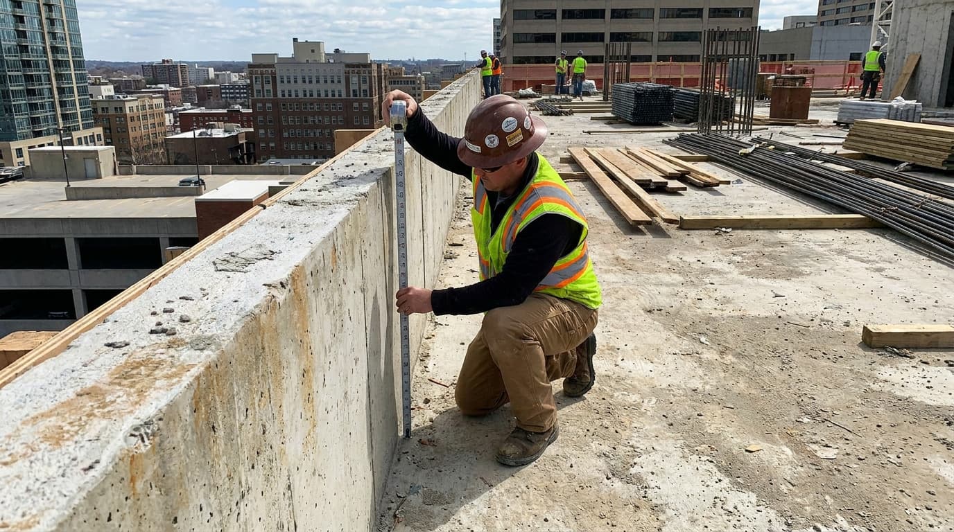 Trabajador con casco y chaleco de alta visibilidad se arrodilla en el borde de un techo, midiendo un antepecho de concreto con una regla plegable, con el horizonte de la ciudad al fondo.
