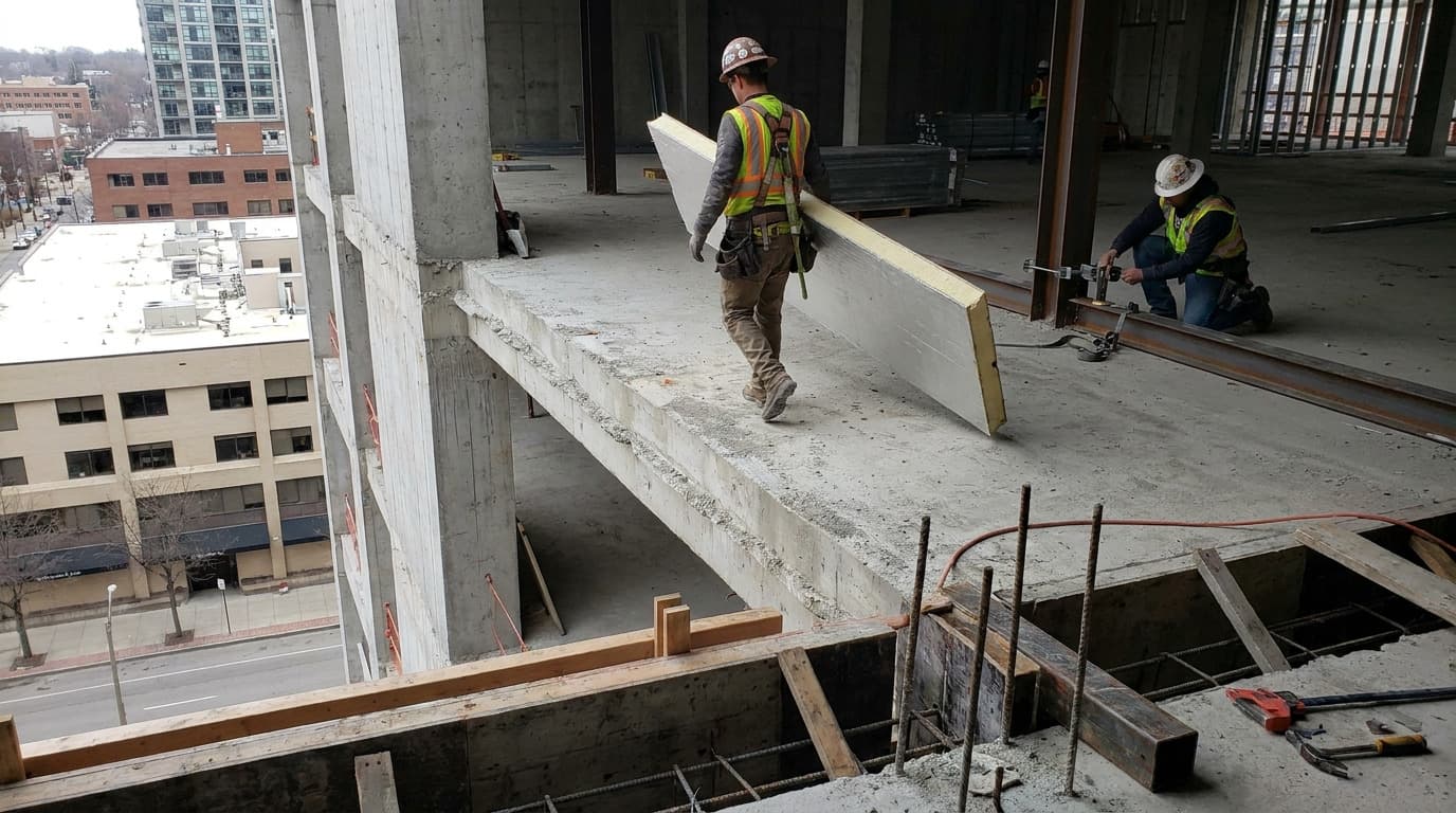 Un trabajador transporta un panel de aislamiento de espuma por una viga de borde de concreto estrecha en un edificio alto sin terminar, mientras otro trabajador se arrodilla cerca de vigas de acero al fondo.
